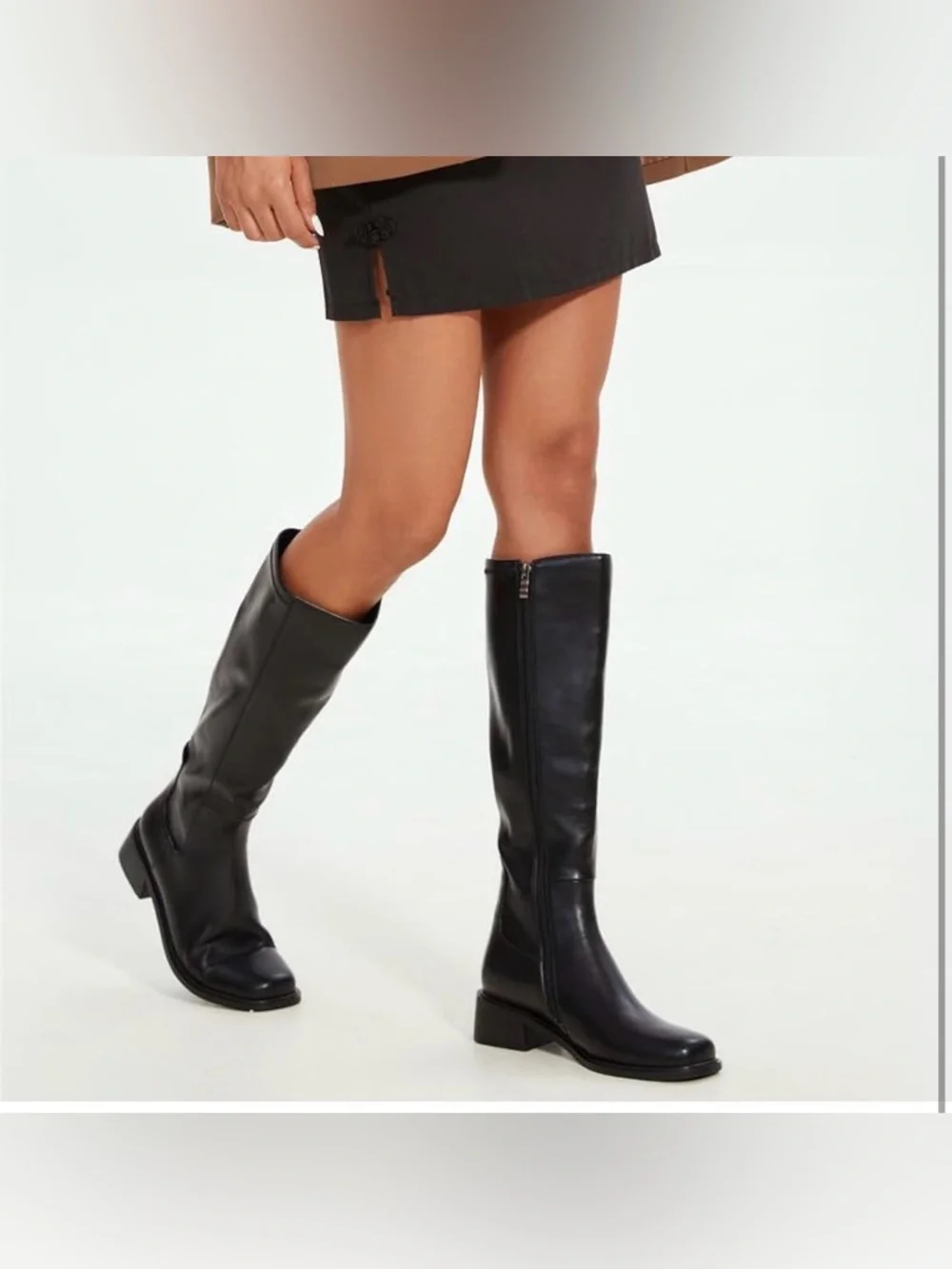 QIY Knee High Faux Leather Elastic Square Toe Side Zipper Fall Long Tall Boots